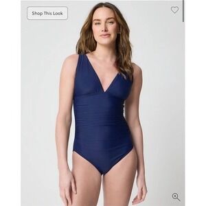 J Crew Factory NWT Ruched plunge one-piece swimsuit Navy Blue Large